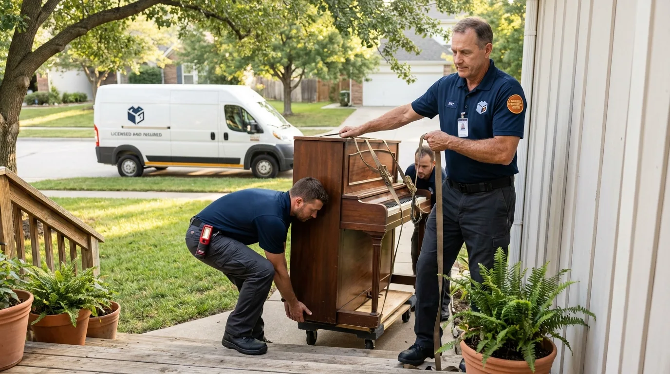 Licensed piano movers securing grand piano in Rhinelander, WI