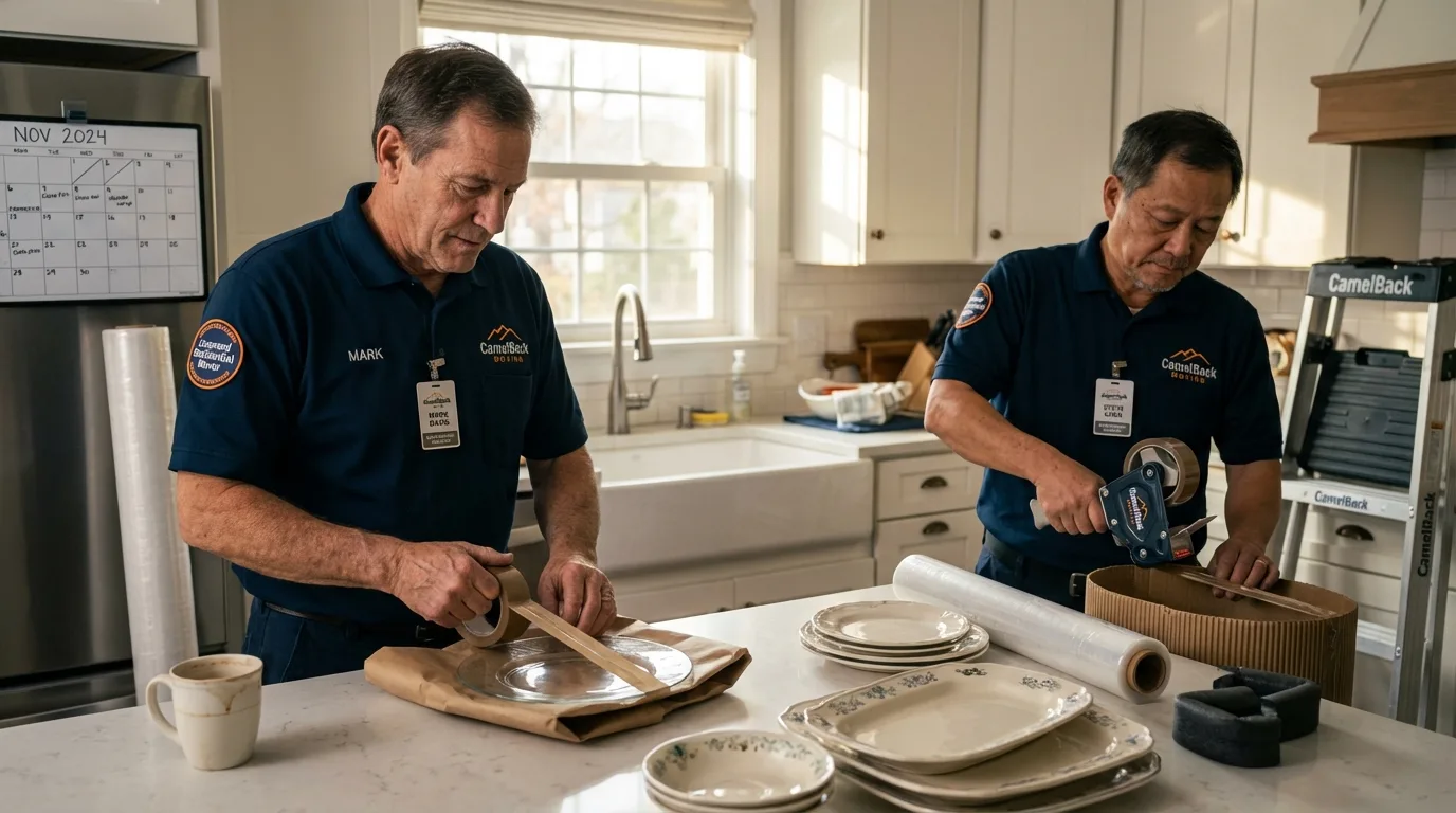 Professional crew packing kitchen dishware in Rhinelander, WI